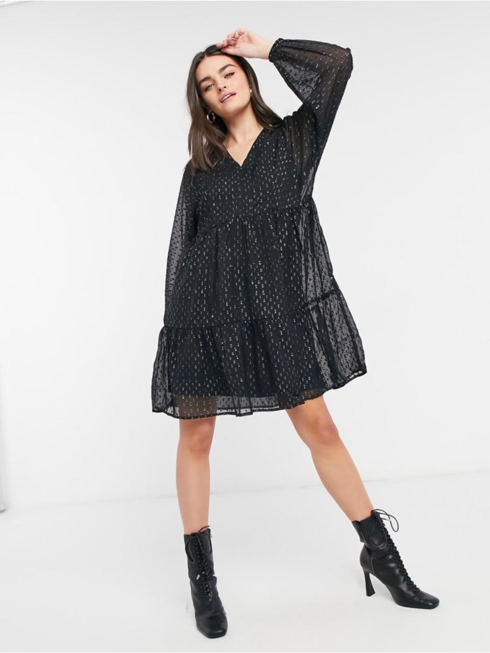 Vero Moda Black V-Neck Midi Dress with Metallic Dots